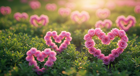 Beautiful pink heart shape flowers in the garden with sunlight background.の素材