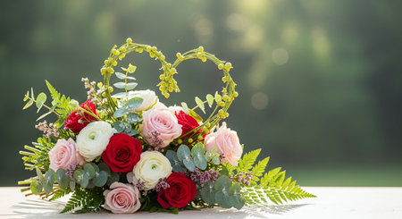 Wedding bouquet with roses on wooden table in the gardenの素材