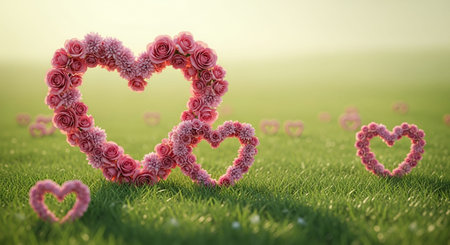 Heart made of pink flowers on green grass. Valentine's day background.の素材