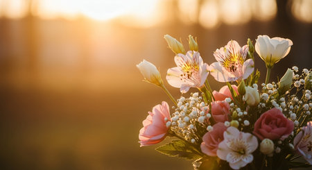 Bouquet of beautiful flowers on the background of the setting sunの素材