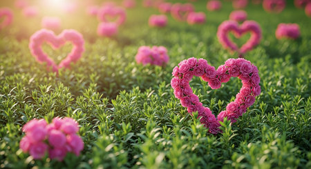 Heart shape made of pink carnation flowers in the garden. Valentine's day concept.の素材