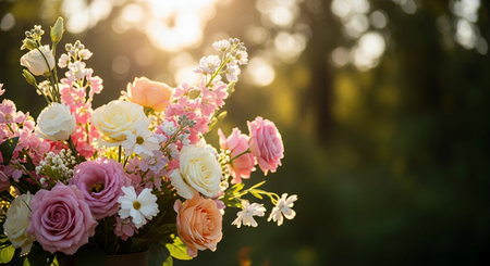 Beautiful bouquet of flowers in a vase on the background of the setting sunの素材