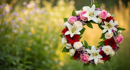 Wreath of flowers in the garden on a summer day. Floral backgroundの素材