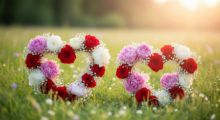Wedding bouquet of red and white roses in the form of a heart on the grassの素材