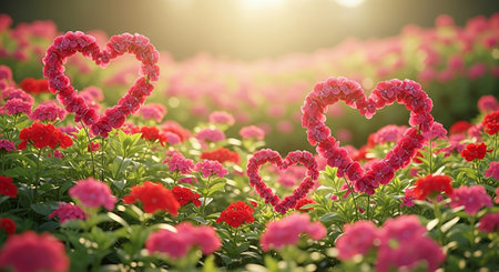 Heart shaped flowers in the garden. Valentine's day background. Love concept.の素材