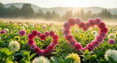 Heart shape made of pink flowers in the garden on sunset background.の素材