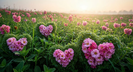Pink zinnia flowers in the field at sunrise. Beautiful nature background.の素材