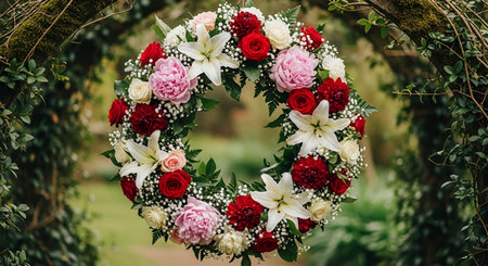 Wedding arch decorated with red, white and pink flowers.の素材