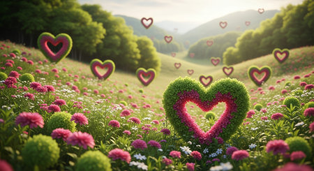 Heart shape of flowers on the meadow with beautiful nature background.の素材