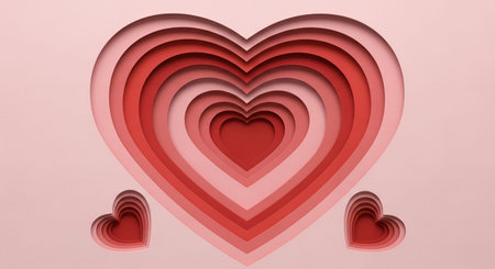 Paper cut of red heart shape on pink background. 3D renderingの素材