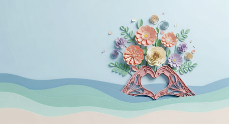 Romantic background with heart and flowers on blue background. 3d renderingの素材