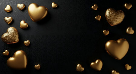 Valentines day background with golden hearts on black. 3d renderの素材