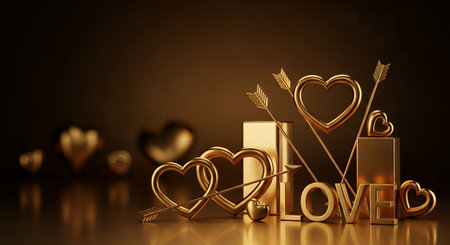 3d illustration of valentines day background with golden text loveの素材