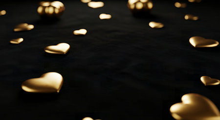 Gold hearts on a black background. 3D render. Valentine's day concept.の素材