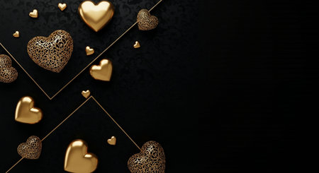 Valentine's day background with golden hearts on black background.の素材