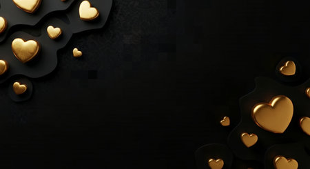 Valentine's day background with gold hearts on black background.の素材
