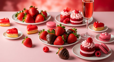 Strawberries, macaroons, macarons and a glass of champagne on a pink backgroundの素材