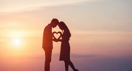 Silhouette of romantic couple holding heart shape with sunset sky backgroundの素材