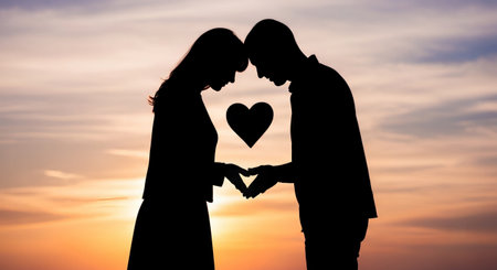 Silhouette of a loving couple holding hands on sunset background.の素材