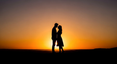 Silhouette of a loving couple on a background of the sunsetの素材