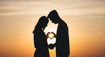 Silhouette of a loving couple holding a heart shape at sunsetの素材