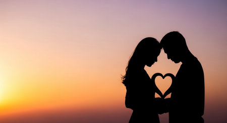 Silhouette of a loving couple on a white background with heartsの素材