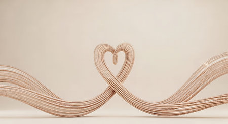 Two hearts made of golden ribbons on beige background. Valentines day conceptの素材