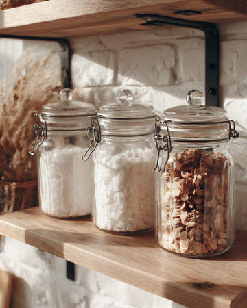 Three clear glass jars with metal clasps are filled with different dry food ingredients and sit on a wooden shelf.の素材