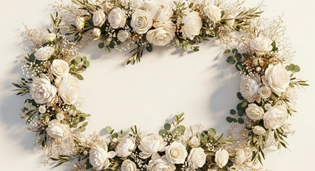 Wreath of white flowers and eucalyptus on a white backgroundの素材