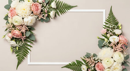 Flowers composition. Frame made of fresh flowers on beige background. Flat lay, top view, copy spaceの素材