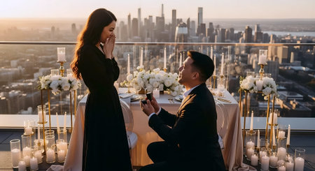 Wedding ceremony in New York City. Bride and groom on the background of the evening city.の素材