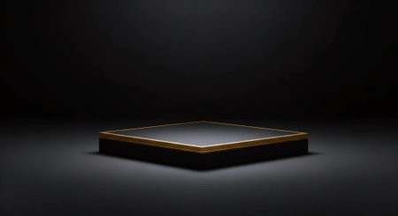 3d rendering of a golden podium in a dark room with black backgroundの素材