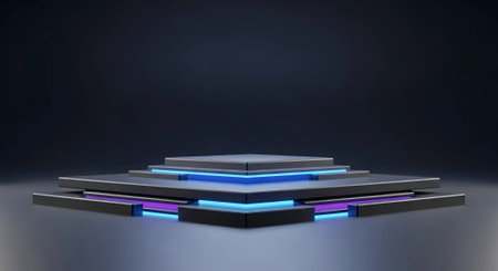 3d rendering of black podium with blue neon lights on dark backgroundの素材