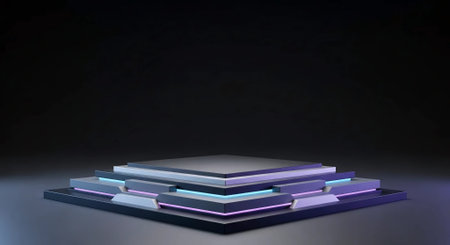 3d rendering of a podium with neon lights in the dark roomの素材