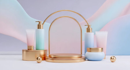 3d render of cosmetic product display podium with pastel background.の素材
