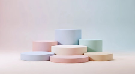 Podium for product display with geometric shapes in pastel colors.の素材