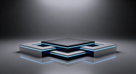 3D render of a pedestal in the dark with blue lightsの素材