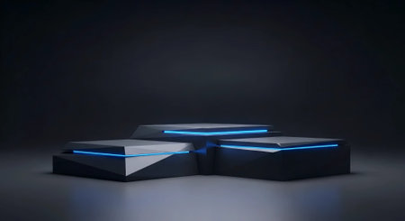 3D rendering of a black pedestal with blue neon lights.の素材