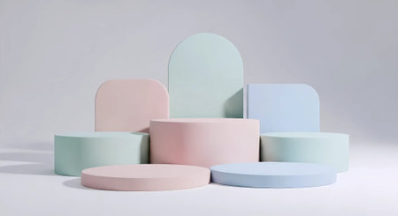 3d render, abstract minimal geometric forms, pastel colors, podiums for your design, stand for product presentationの素材