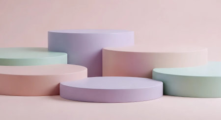Colorful round podiums on pastel pink background. 3d renderの素材