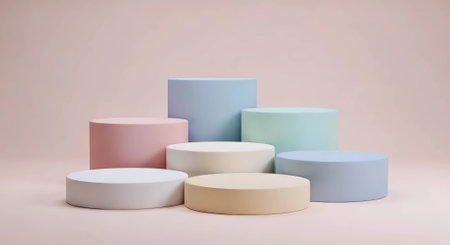 Colorful round podiums on pastel pink background. 3d renderの素材