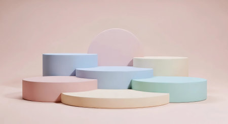 Colorful round podiums on pastel background. 3d renderの素材