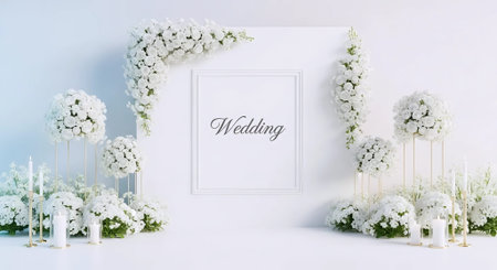 Wedding flowers and candles in white interior. 3d renderingの素材