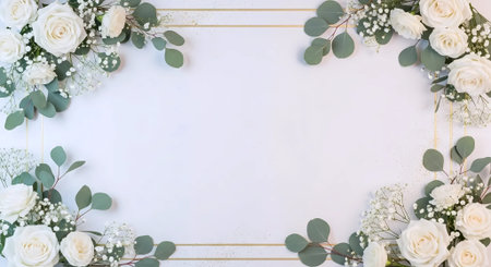 White roses and eucalyptus on a white background with copy spaceの素材