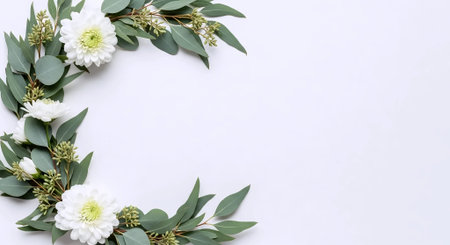 White flowers and eucalyptus branches on a white backgroundの素材