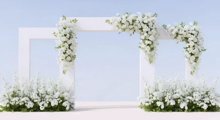 wedding arch with white flowers on blue background. 3d renderingの素材