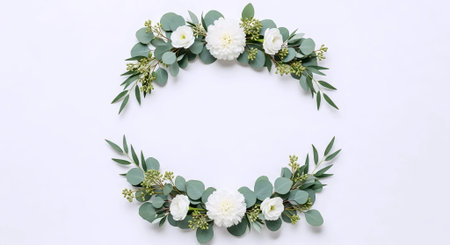 Flowers composition. Wreath made of eucalyptus branches and white flowers on white background. Flat lay, top view, copy spaceの素材