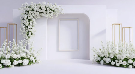 3d rendering of modern interior with white flowers and blank picture frameの素材