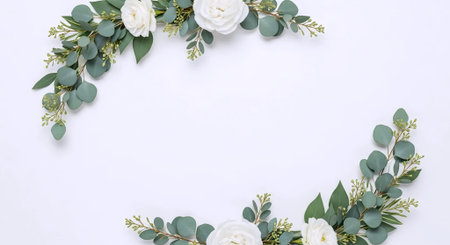 Flowers composition. Frame made of eucalyptus, white roses and green leaves on white background. Flat lay, top view, copy spaceの素材