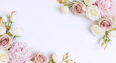Flowers composition. Frame made of rose flowers on white background. Flat lay, top view, copy spaceの素材